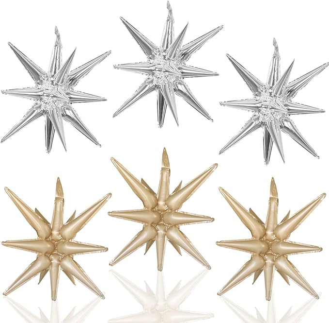 6 Pcs Silver Star Foil Balloons One-Piece 14-Pointed Star Balloon 4D Starburst Cone Mylar Balloon 22inch Christmas Birthday Wedding Wedding Anniversary Party Supplies (Silver + Caramel Colour)