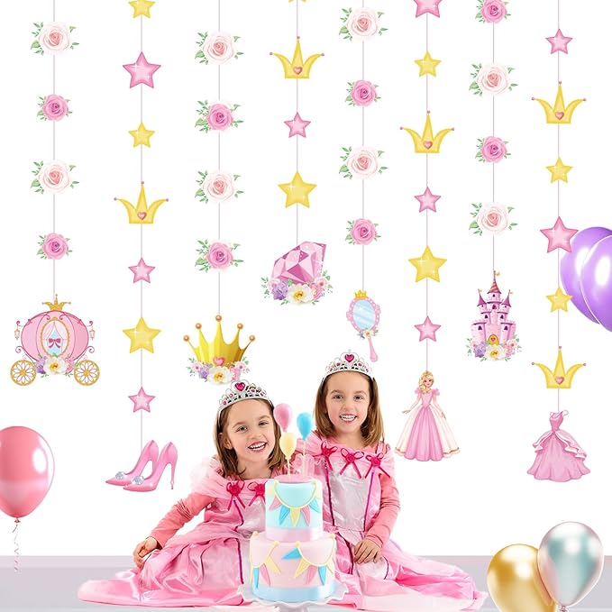 8 Pieces Floral Princess Party Decorations Princess Theme Garland Banners Pink Gold Castle Crown Carriage Paper Cutouts for Birthday Baby Shower Favors Classroom Supplies
