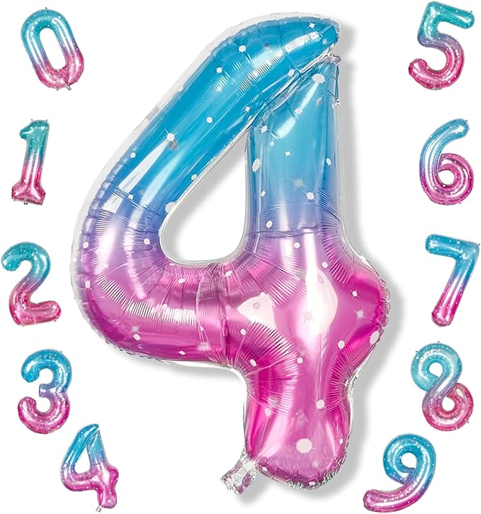 Purple Teal Number 4 Balloons, 40 In Large Mermaid Starry Number 4 Mylar Foil Helium Balloons for Girls, Self Inflating Rainbow Number Four Balloon for Women 4th Birthday Anniversary Party Decoration