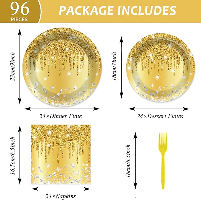 96 PCS Golden Birthday Party Decorations Tableware Set for Golden Themed Happy Birthday Supplies Diamond Gold Plates Napkins Forks for 24 Guests Men Women Anniversary Engagement Wedding Party Favors