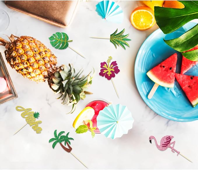 24Pcs Tropical Cupcake Toppers, Luau Cake Topper Aloha Cupcake Picks Pineapple Flamingo Cupcake Decorations for Hawaiian Luau Theme Baby Shower Birthday Party Supplies (Aloha B)