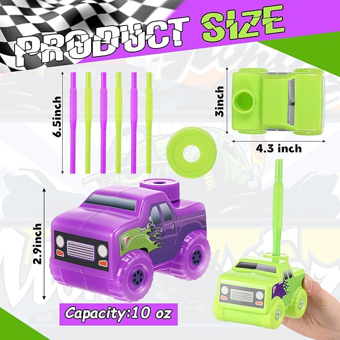 Tanlade 12 Set Green and Purple Monster Truck Road Cups with Straws, Plastic Vehicle off Road Drink Cup Reusable Truck Cups Bulk Race Car Birthday Party Favor Supplies for Racing Party Supplies