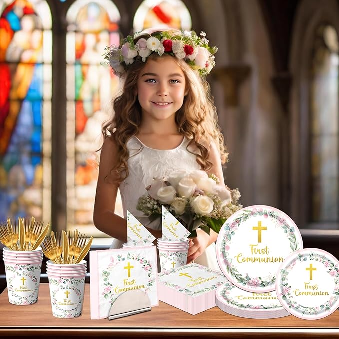 First Communion Decorations for Girls, First Communion Plates and Napkins Pink Primera Comunion Decoracion First Communion Party Supplies for First Holy Communion Baptism Party Decorations Serves 25