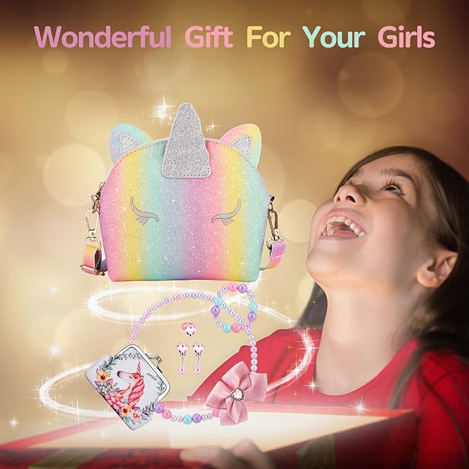 JYPS 7PCS Toddler Purse for Girl, Girls Wallet with Pretend Play Toys, Princess Toys with Kids Dress Up Jewelry Set (Rainbow Unicorn)