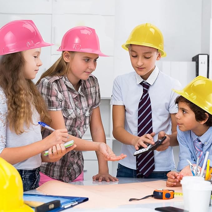 Sumind 48 Packs Construction Party Hats Kids Plastic Worker Helmet Bulk Toy for 3-8 Years Children Dress up Party Supplies (Pink, Yellow)