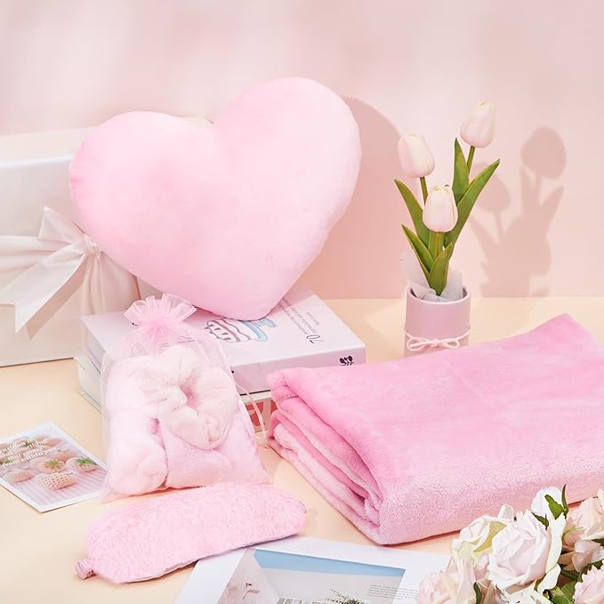36 Pcs Sleepover Party Supplies for Girl Spa Slumber Birthday Favors Throw Blanket Pillow Eye Mask Headband Scrunchies (Solid Color,Pink)