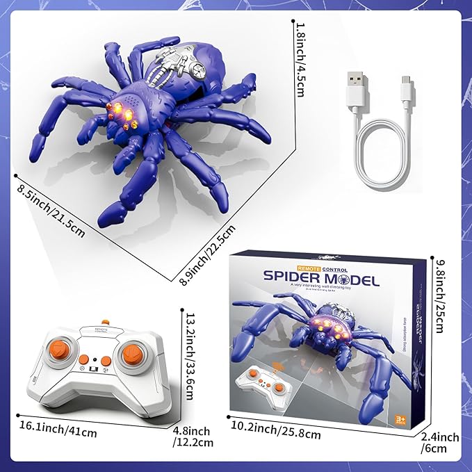 Wall Crawling Spider, Rechargeable Remote Control Robot Toy for Kids with LED Eyes and 360° Stunts, Wall Climbing Funny Prank Toys Birthday Gifts for Boys & Girls Ages 3-5 4-6 7-8 (Blue)