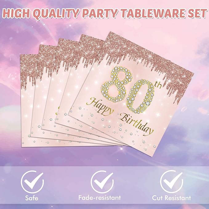 40PCS 80th Birthday Decorations for Women Vintage 1946 80 Year Old Party Decorations Include 80th Birthday Plates and Napkins Set Rose Gold Birthday Disposable Tableware Kit for Girl Ladies Women