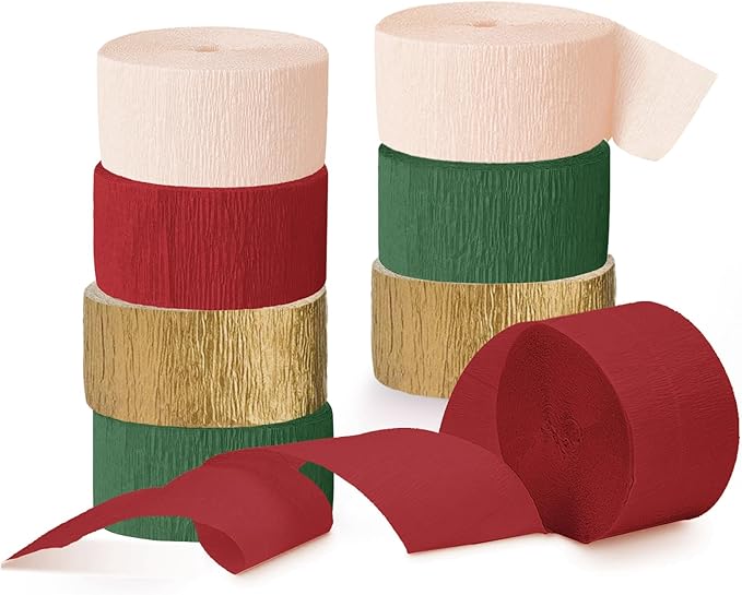 NICROHOME EUR Christmas Decorations, 8 Rolls Christmas Green Red Gold Crepe Paper Streamers for Xmas Birthday Party Wedding Baby Shower Party Decorations, 1.8 Inch x 82 Ft/Roll