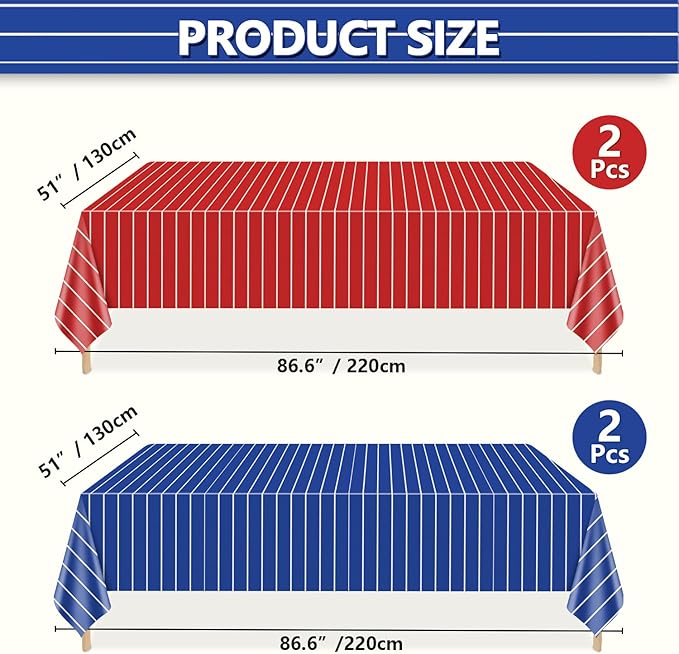 Disposable Baseball Tablecloths, 4 Pcs Plastic Red and Blue Stripe Table Covers for Baseball Birthday Decorations, 51 x 86 inches
