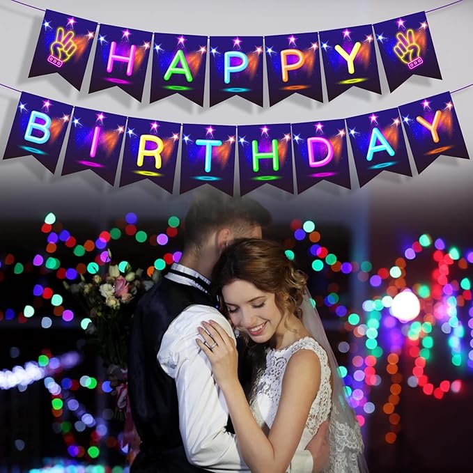 CC HOME Glow Happy Birthday Banner, Glow Party Decoration, Glow in The Dark Letters Theme Party Supplies Boys Girls Kids Home Classroom Baby Showers Birthday Party Decorations Club Bar Hanging Flags