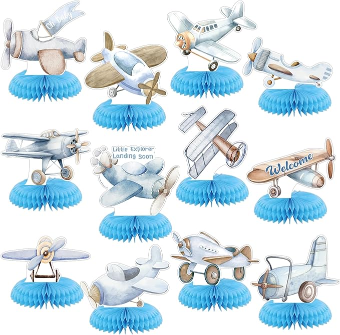 12 Pcs Airplane Party Decorations Blue Honeycomb Centerpieces Airplane Table Decoration Little Explorer Landing Soon Table Topper for Birthday Party Favors Supplies
