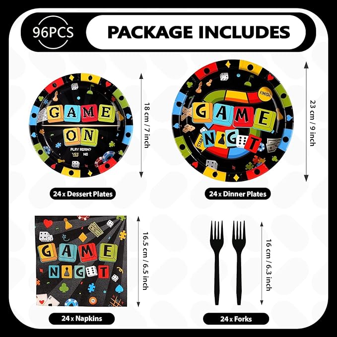 Grencian 96Pcs Game Night Party Supplies Black Family Game Party Decorations Plates and Napkins Disposable Family Gamer Paper Tableware Set for Kids Adults Birthday Games On Favors Serves 24
