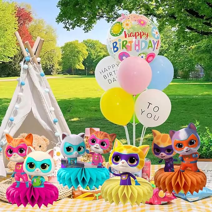 8Pcs Super Cats Honeycomb Table Centerpiece, Cartoon Cats Birthday Party Supplies Table Decorations for Kids Party Decorations