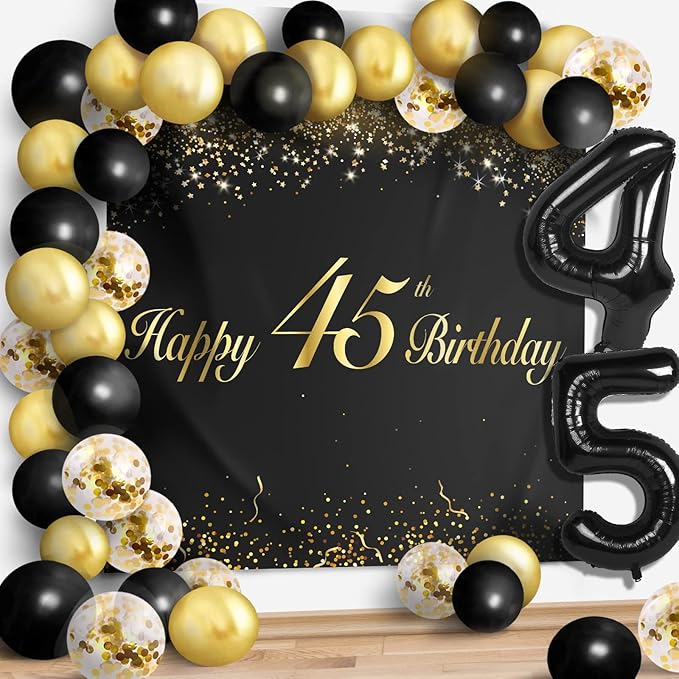 Happy 45th Birthday Balloons Black Set Decor - Cheers to 45 Years Old Party Theme Garland Banner Backdrop Decorations For Women and Men Supplies