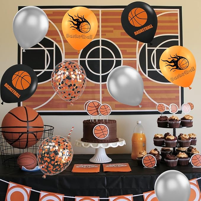 Basketball Balloons, 60Pcs 12 Inch Black Orange Metallic Silver Confetti Basketball Party Balloons for Kids Boy Sport Birthday Party Sports Baby Shower Graduation Party Decorations
