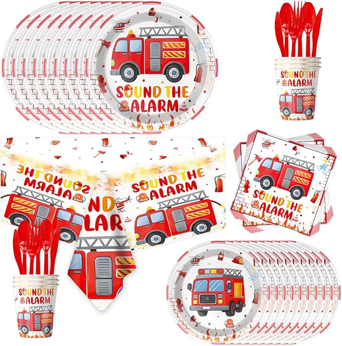 81PCS Fire Truck Birthday Party Supplies Tableware,Firetruck Birthday Decorations,Fireman Party Supplies,Can Be Used To Popularize Fire Safety