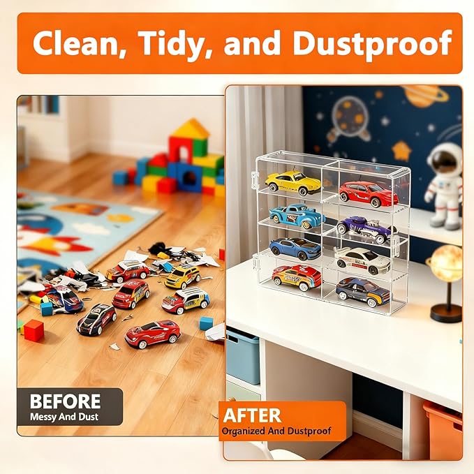 4-Pack Clear Display Case for 1/64 Scale Die-Cast Cars, Compatible with Hot Wheels & Matchbox, Wall-Mountable & Stackable Toy Car Storage Boxes, Holds 32 Cars, Dustproof, 6.5 × 7.5 × 1.6 in