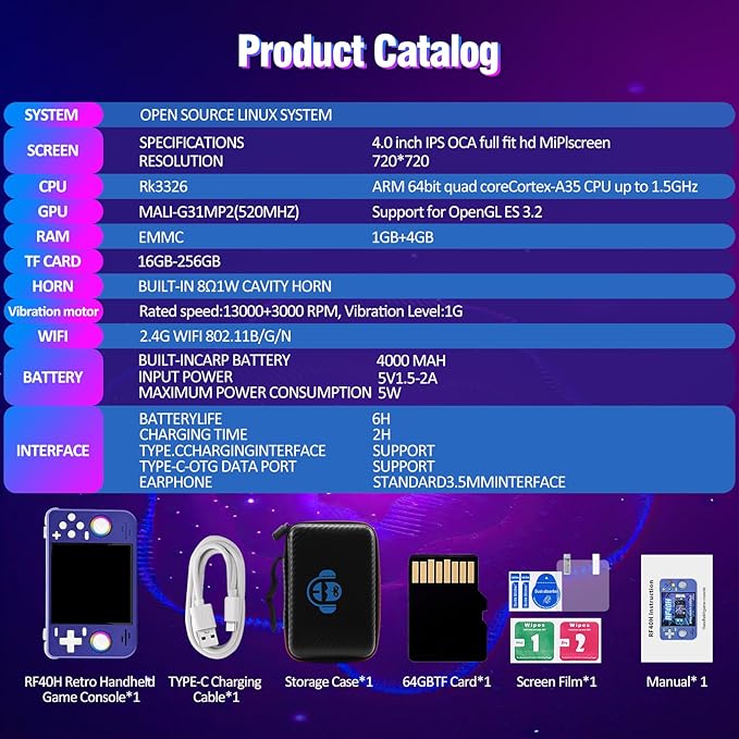 RF40H Handheld Game Console, 4.0" Retro Gaming Console Preloaded 20,000+ Classic Games, Open Source Linux System, Support WiFi Online Play, Portable Pocket Hand Held Video Game (Purple)