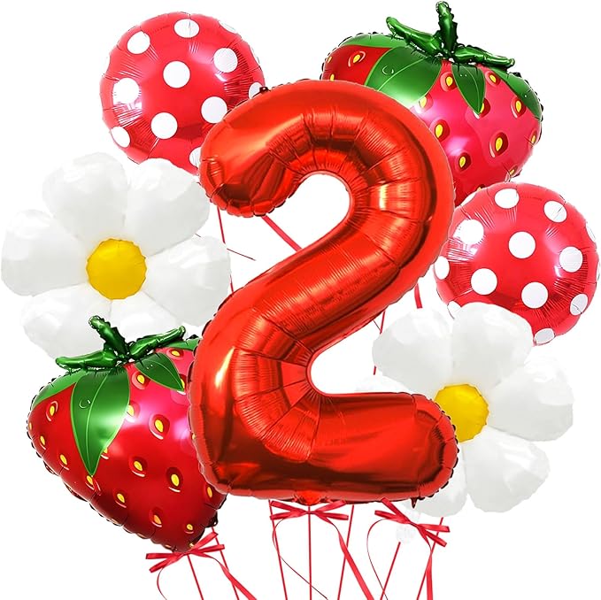 Strawberry Balloons Second Birthday Decorations for Girl, 40 Inch Mylar Red Number 2 Balloons, Strawberry Balloon for Strawberry Party Decorations, Strawberry Birthday Decorations