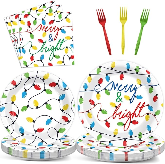 96PCS Merry Christmas Party Tableware Set Christmas Lights Party Supplies Merry and Bright Disposable Dinnerware Plates Napkins Forks with Holiday String Lights for Christmas Birthday Party Favors