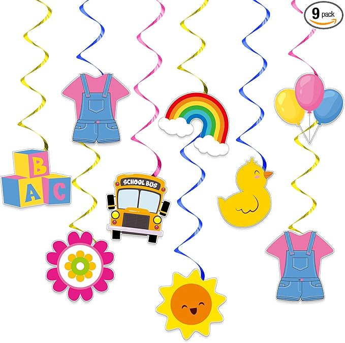 9Pcs Girls Party Decoration Cartoon Teacher Hanging Swirls Cartoon Girl Ceiling Streamers English Teacher School Bus Rainbow Hanging Decorations for Kids Birthday Baby Shower Classroom Party Supplies