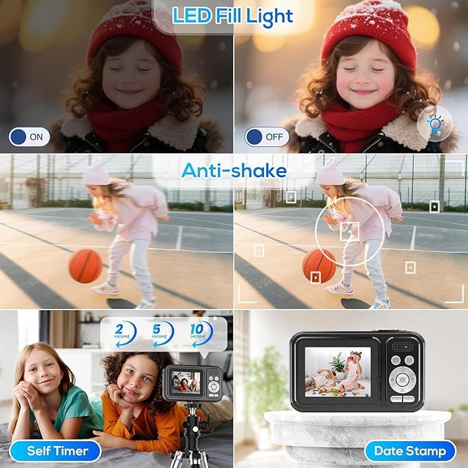 Digital Camera for Kids, 48MP FHD 1080P Point and Shoot Digital Cameras with 16X Zoom Anti-Shake, Compact Portable Cameras for Photography, for Boys Girls Teens Beginners-Glossy Black