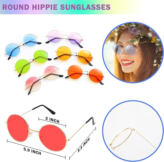 30 PCS Hippie Party Favors Retro Round Sunglasses Daisy Flower Headbands Peace Sign Necklaces Silicone Bracelets For 60s 70s Party Decorations Hippie Party Supplies
