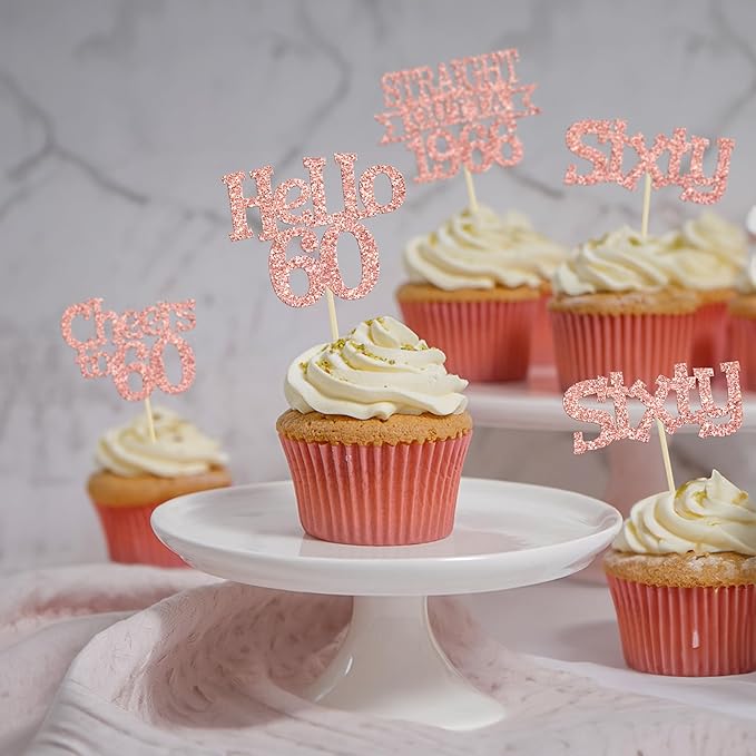 Ephlyn 24Pcs Happy 60th Birthday Cupcake Toppers Glitter Straight Outta 1966 Cupcake Picks Hello 60 Cheers to 60 Years Birthday Cake Decorations for 60th Birthday Anniversary Party Supplies Rose Gold