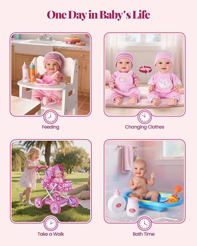 BABESIDE Baby Doll Stroller Set with 12 Inch Baby Doll, 14 Pcs Baby Doll Accessories, Folding Doll Pram Pretend Play Set, Feeding, Bath & Care Toys, Gift for Girls Ages 3yrs+