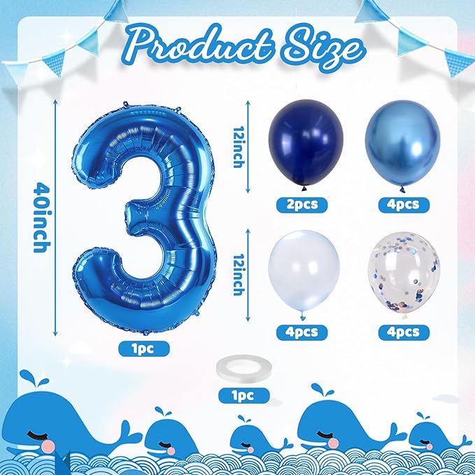 Navy Blue 3rd Birthday Balloon - Giant Self Inflating Number 3, Metallic Dark Blue Silver Confetti Helium Balloon, Foil 40 Inch Three for Boys 3 Year Old Birthday Party Anniversary Decor