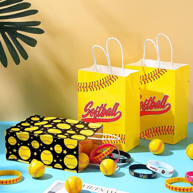 MTLEE Softball Party Favors Set Includes 12 Softball Paper Bags, 12 Silicone Bracelets, 12 Mini Foam Softball for Softball Birthday Party Supplies