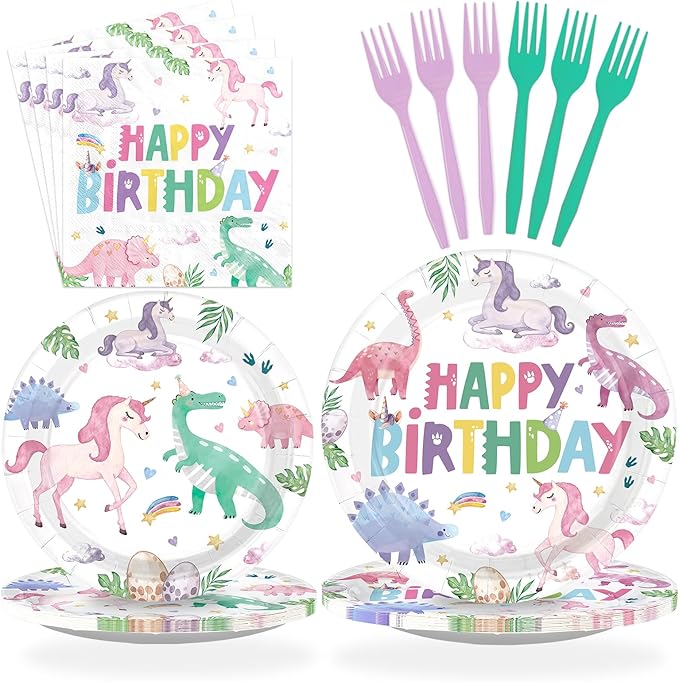 96Pcs Dinosaur Unicorn Birthday Party Decorations Dinosaur Unicorn Birthday Plates and Napkins Set Rainbow Dino Decoration for Girls Princess Magical Pastel Pink Rainbow Bday Party Supplies Serves 24