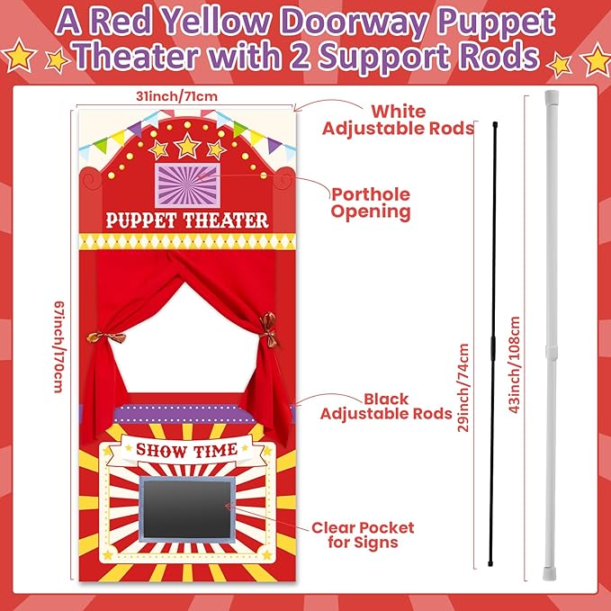 Doorway Puppet Theater with 2 Adjustable Rods 31x67 In Red Yellow Foldable Hanging Puppet Show Theater for Kids Pretend Play Hand Puppets Educational Kids Activities Toys Easy to Set Up Put Away