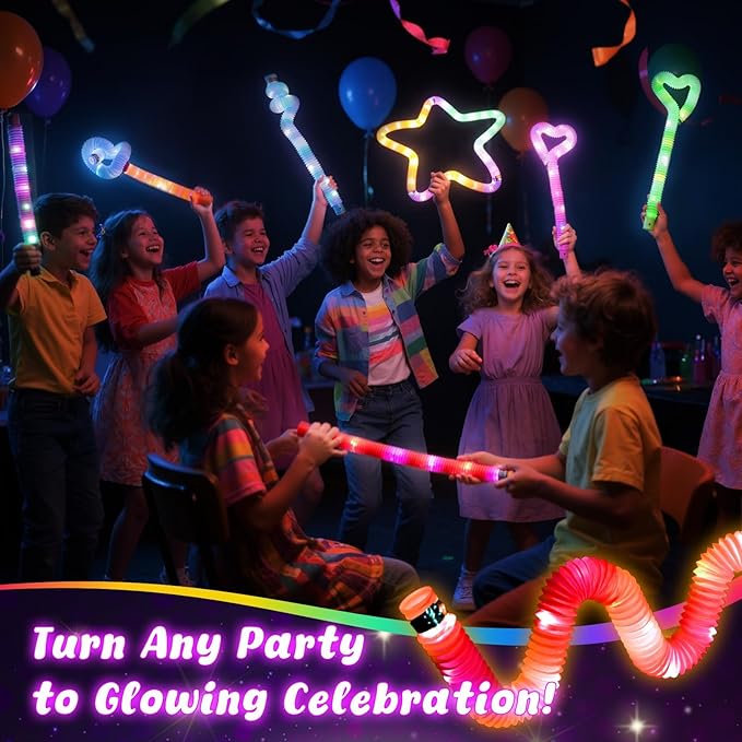 LovesTown 24PCS Light Up Glow Sticks Pop Tubes for Easter Basket Stuffers, Glow in the Dark Party Favor Supplies for Kids Supplies, Light Up Necklace Bracelet Accessories for Boys Girls Birthday
