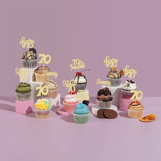 30Pcs Happy 70th Birthday Cupcake Toppers Seventy Cheers to 70 Years Old Birthday Cupcake Picks for 70th Anniversary Party Cake Decorations Supplies Gold Glitter