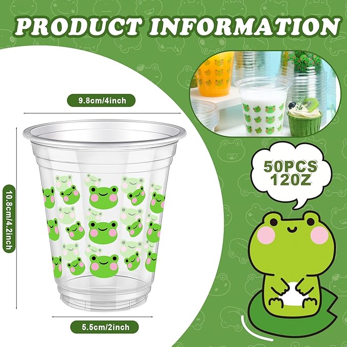 50 Pcs Frog Birthday Decorations Frog Snack Cups 12 oz Plastic Cups Cute Green Tumbler for Baby Shower Birthday Party Supplies