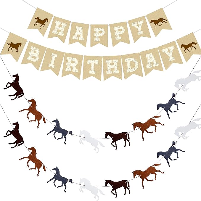 Tatuo 3 Pcs Horse Birthday Banner Party Decorations Derby Racing Horse Banner Paper Bunting Garland Farm Theme Decor for Present Birthday Wedding Party Supplies, Pre Assembled Hanging Decoration