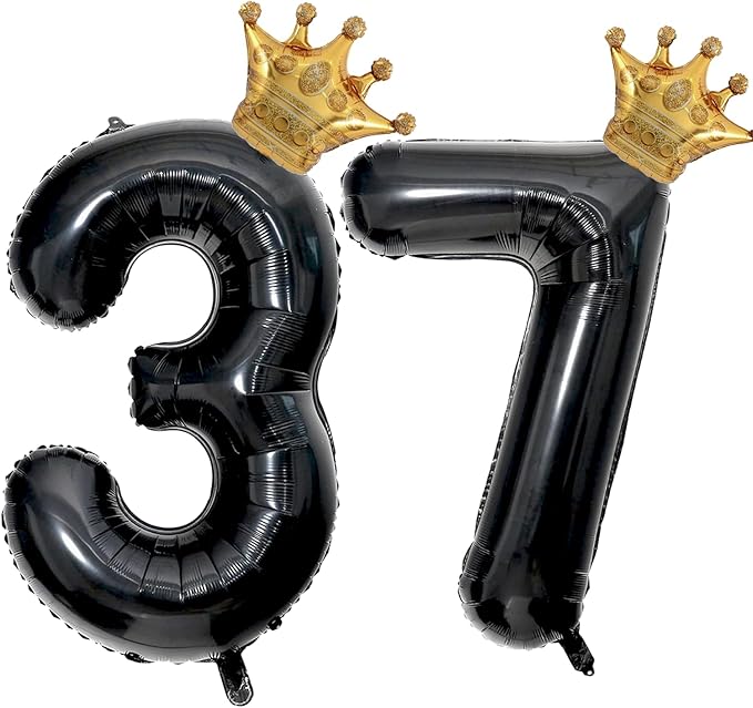 40 inch Large Black 37 Balloon Number with Gold Crown Balloons 37th Birthday Big Foil Mylar Helium Balloon for Boys Girls 37th Birthday Anniversary Decorations Supplies Favors(Number 37 Balloons）