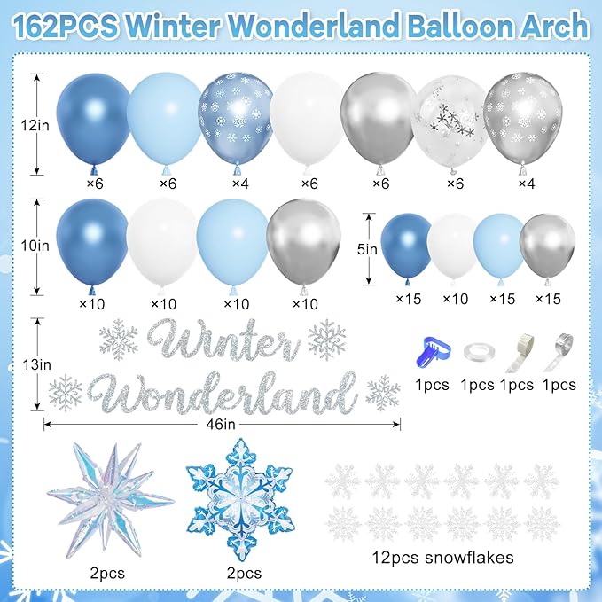 Amandir 162PCS Blue Snowflake Balloons Arch Garland Kit, Winter Wonderland Banner White Silver Latex Snow Confetti Balloons Princess Winter Wonderland Christmas Baby Shower Birthday Party Decorations