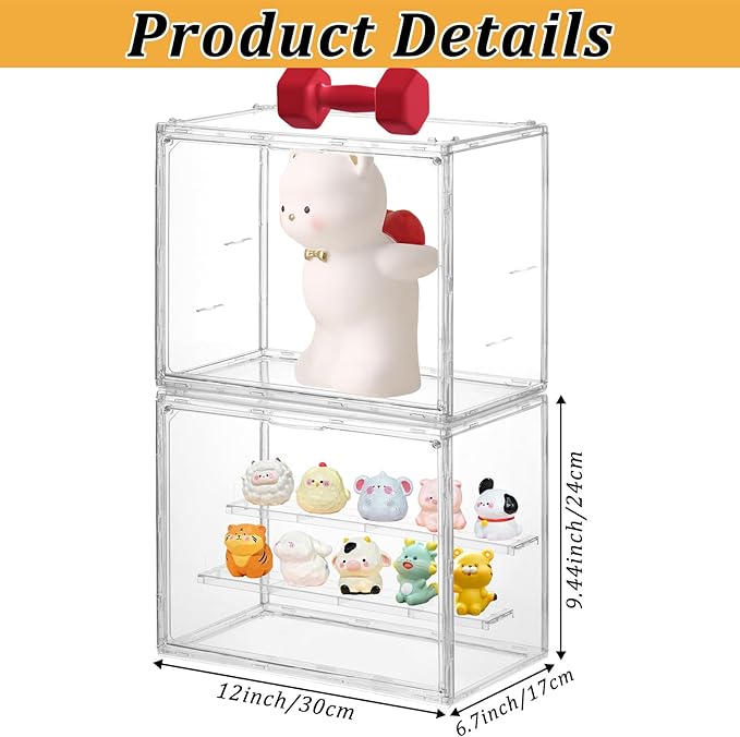2 Pack 3 Layer Adjustable Figure Display Case, Acrylic Display Case for Collectibles,Clear Acrylic Display Case Stackable Display Box Showcase with Magnetic Door for Action Figures, Funko