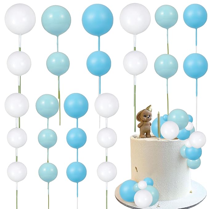 Gyufise 30Pcs Colorful Balls Cake Topper Mini Balloon Cupcake Toppers DIY Foam Ball Cake Insert Decoration for Wedding Baby Shower Birthday Party Decorations Supplies Deep Blue Light Blue White