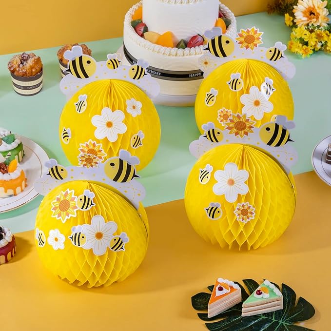 SUNBEAUTY 4PCS Honey Bee Honeycomb Centerpieces Decorations Yellow Bee Honeycomb Table Centerpieces with Sunflower Stickers for Baby Shower Birthday Gender Reveal Birthday Decoration