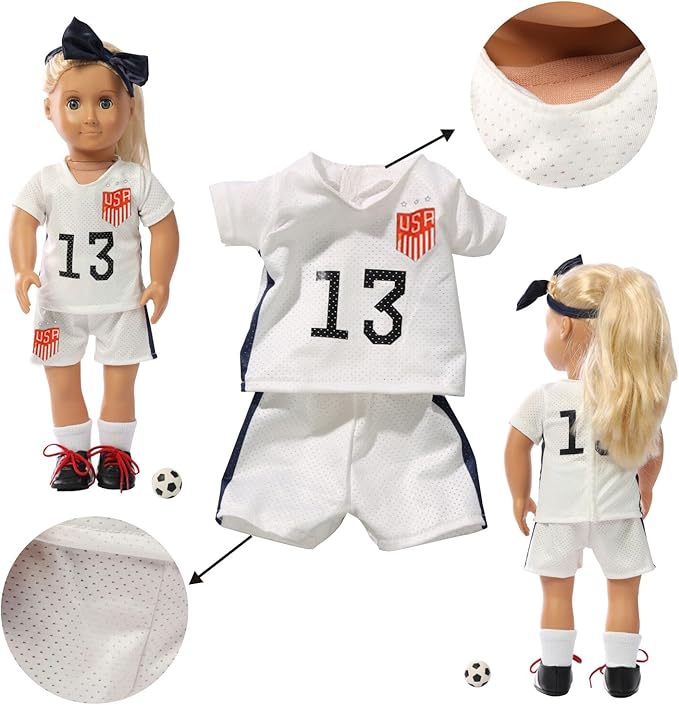 18 inch American Doll Clothing Accessories, USA Team Girls Soccer, Basketball, Tennis Clothing Sets, Doll Ball Sports Clothes, Dolls are not Included (Doll Soccer Clothes)