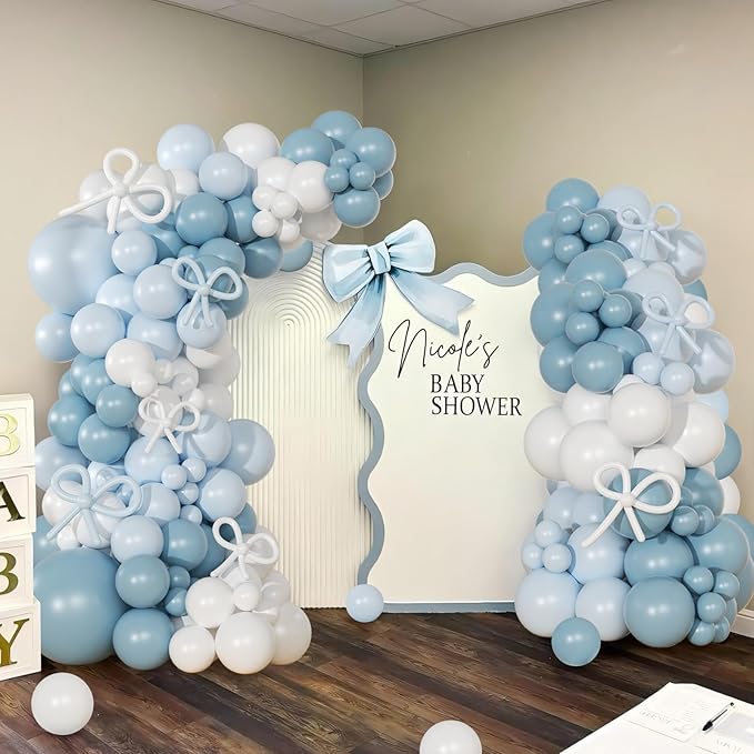 Blue and White Balloon Garland Arch Kit, 146Pcs Dusty Macaron Blue White Long Balloons Different Size for Coquette Birthday Gender Reveal Baby Shower Boy Wedding Bridal Shower Sports Party Decorations