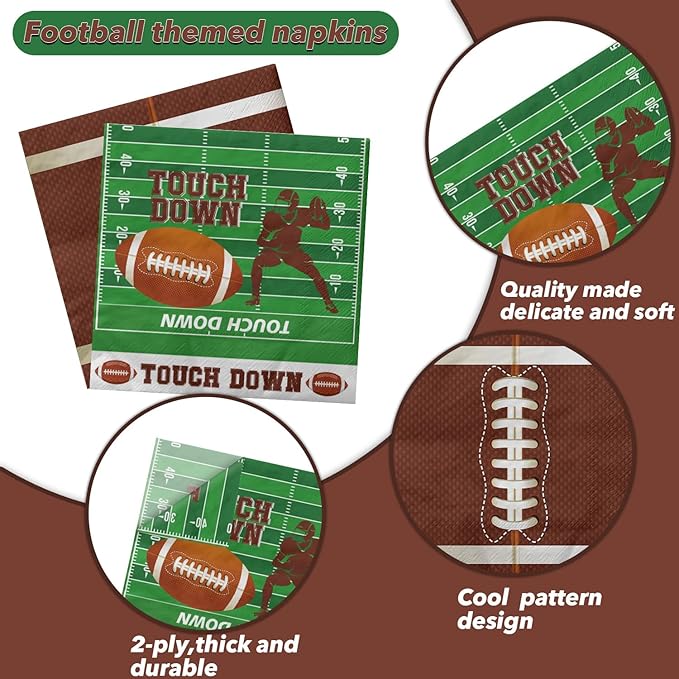 100Pcs Football Napkins, 13 x 13 Inches Tailgate Birthday Napkin, Touchdown Napkins, Football Party Napkin for Kids Fans Tailgate Gameday Birthday Party Supplies