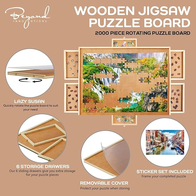 2000 Piece Wooden Jigsaw Puzzle Board -6 Drawers, Rotating Puzzle Table | 41.5” X 30” Jigsaw Puzzle Table | Cover Included - for Adults and Kids by Beyond Innoventions