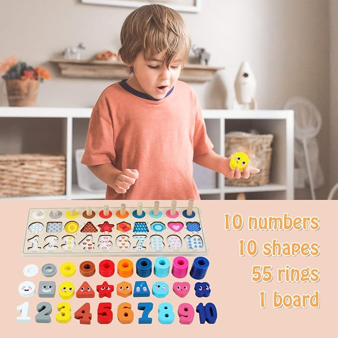QZMTOY Wooden Montessori Toys for Kids, Toddler Number Puzzles Sorter Counting Shape Stacker Stacking Game Preschool Toys for Boy Girl Learning Education Math Blocks Chunky Puzzles Gift for Toddlers