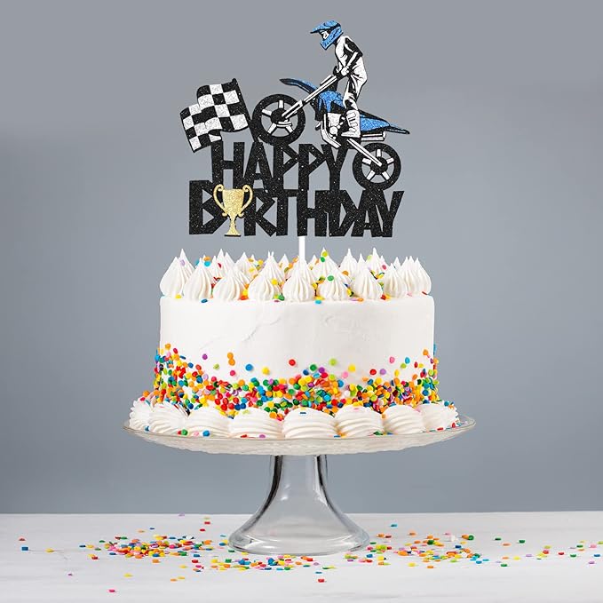 Motorcycle Happy Birthday Cake Topper - Extreme Sports Racing Birthday Party Glitter Autocycle Player Cake Topper - Sport Man Boy Motocross Racing Birthday Party Supplies