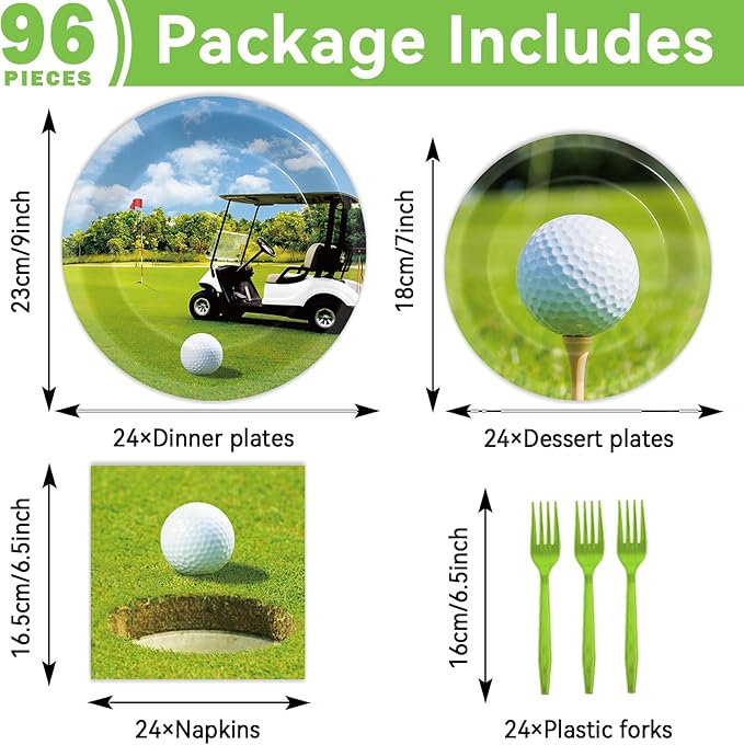 96 Pcs Golf Party Supplies Paper Plates Napkins Golf Party Birthday Tableware Set Decorations Favors for Men Women Serves 24